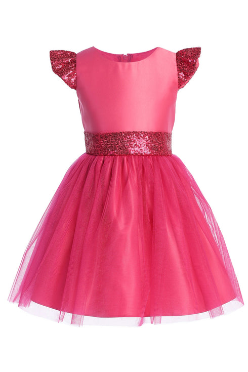 Satin & Crystal Tulle Girls Dress with Sequin Flutter Sleeves and Waistband 2-16
